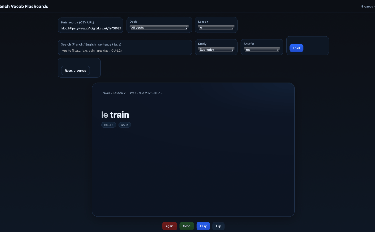 Flashcards v1 with black screen, rounded selectors and initial control