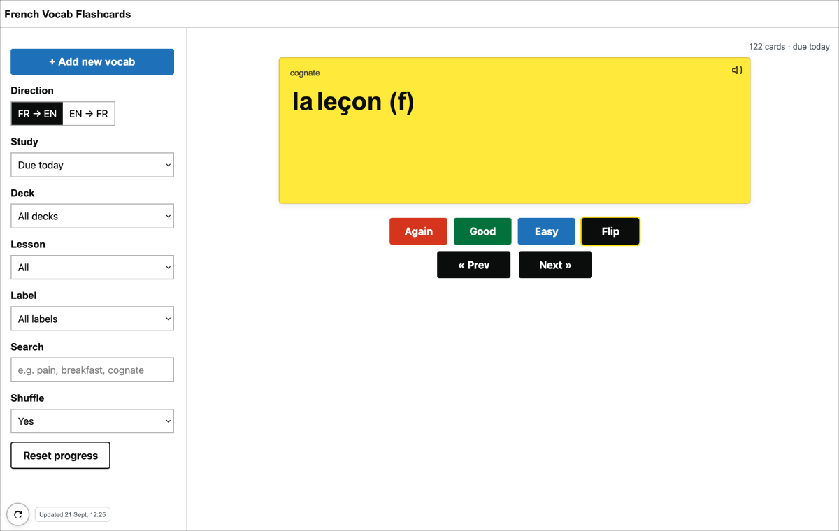 desktop view of French Vocab Flashcards web app