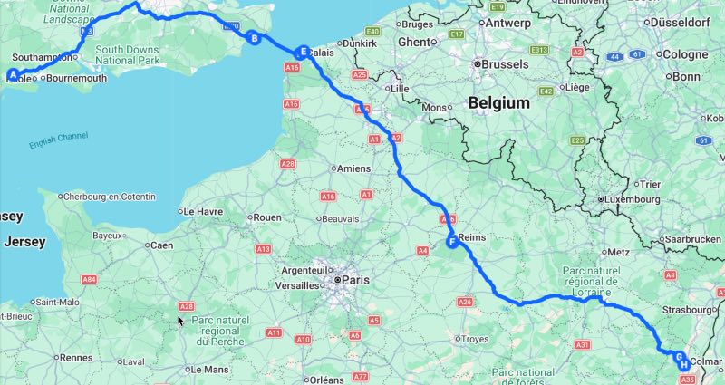 Map showing a route from Tolpuddle to Folkestone to Calais, to Reim to Ammerschwihr to Eguisheim