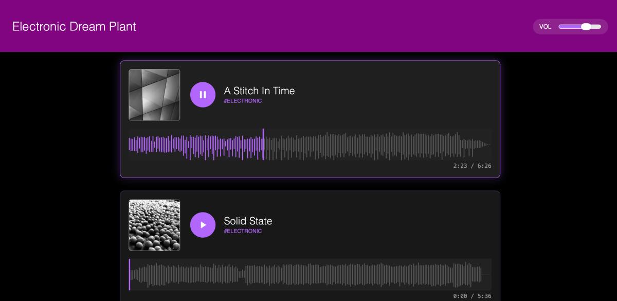 Music app showing two tracks, one being played, and header with volume control