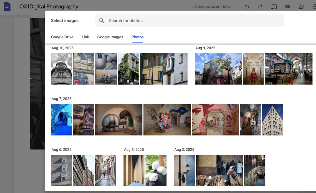 Google Sites interface showing the images selection modal